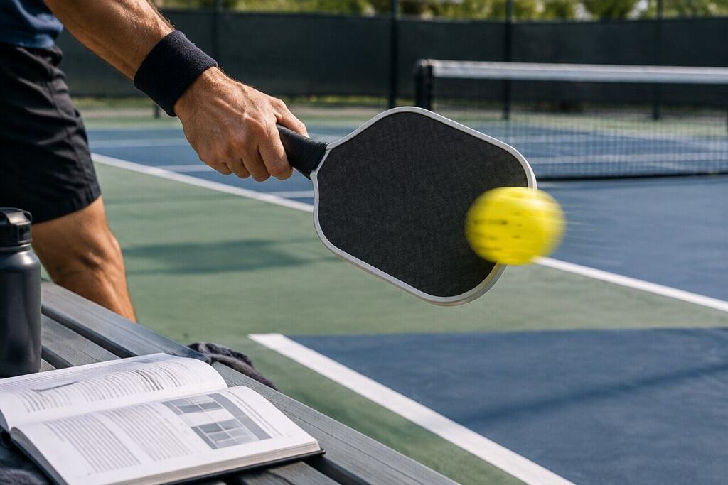 Close-up of a pickleball paddle contacting a ball on a serve, rulebook and court lines visible below
