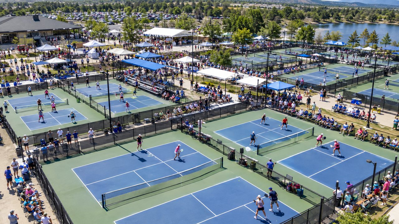 An aerial view of a large pickleball tournament venue with many courts, players and spectators