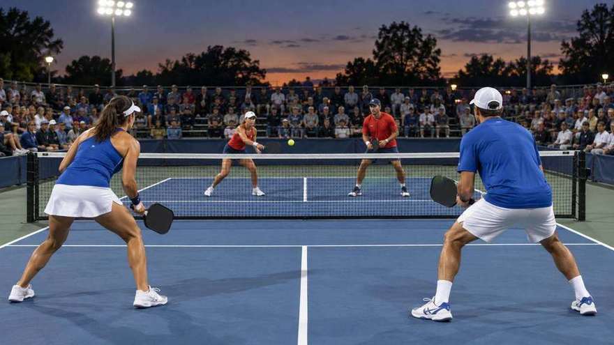 Illustrative image of an evening pickleball doubles match under stadium lights with a crowd behind the court