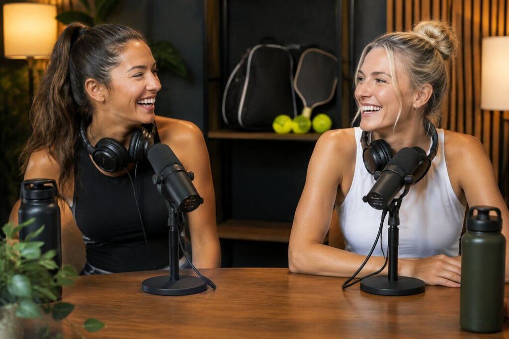 Two women pro pickleball players laughing together at a podcast table with microphones