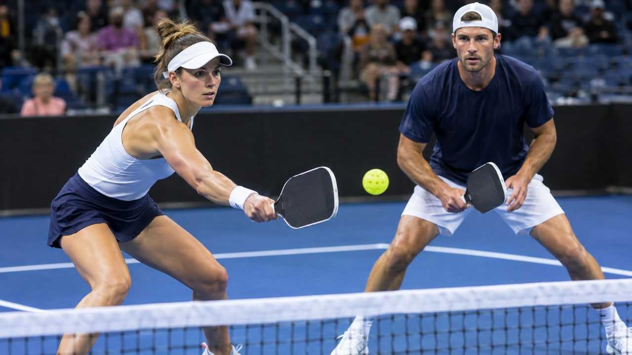 Two pickleball players in a fast rally at the kitchen line on an indoor championship court