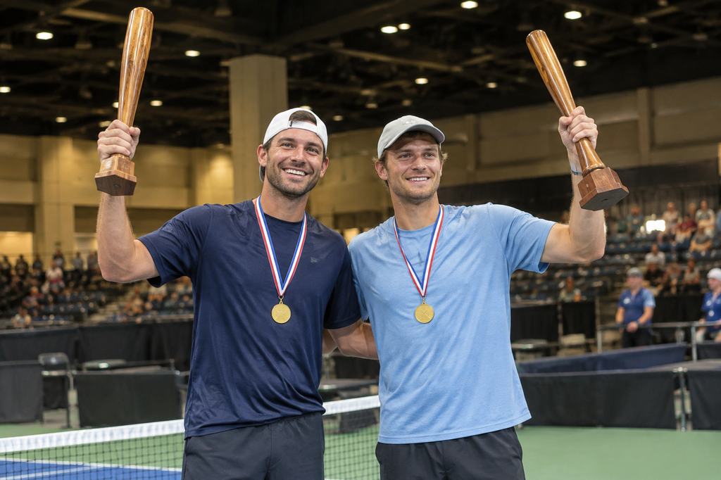 Two pickleball players celebrate with baseball bat trophies
