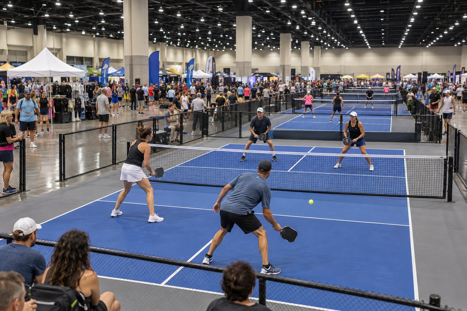 Indoor pickleball tournament in a large convention hall with rows of courts and spectators between matches