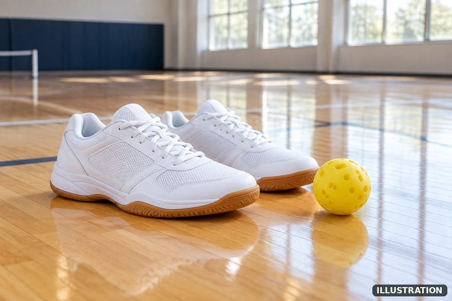 Illustration of unbranded white indoor court shoes on a polished gym floor beside a pickleball