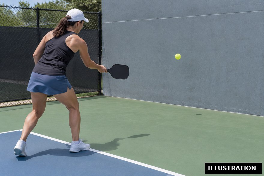 A single pickleball player practicing serves on an empty court