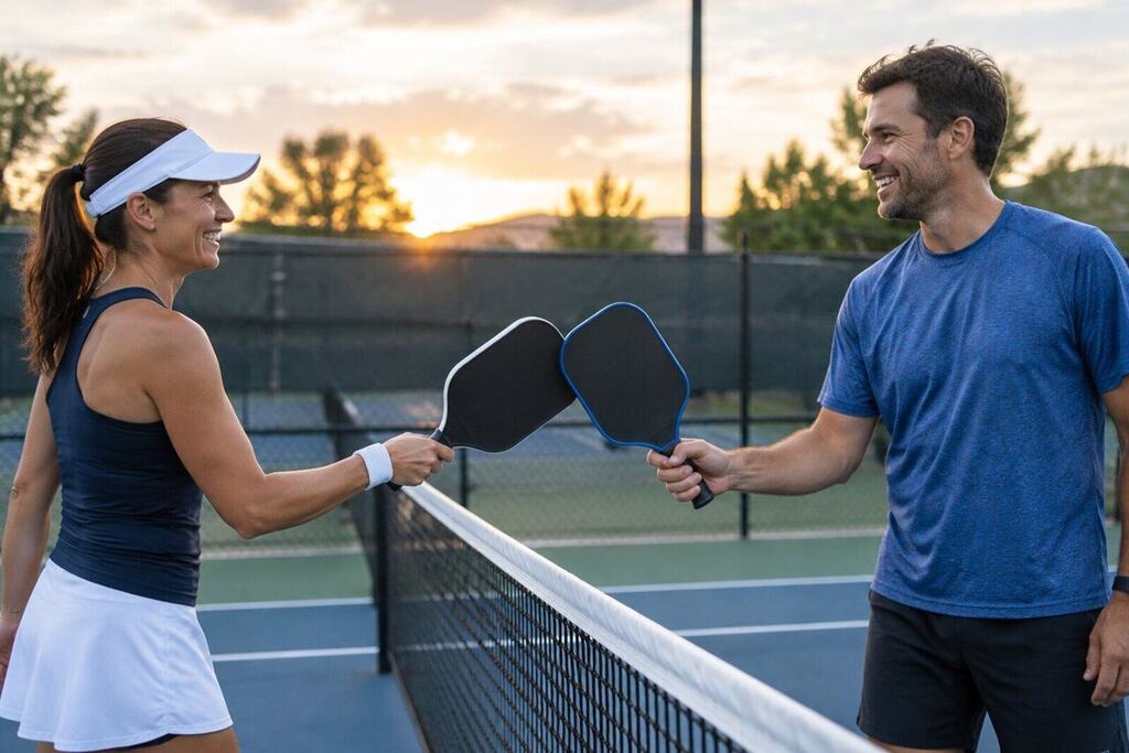 Two pickleball doubles partners tapping paddles together at the net between points, smiling
