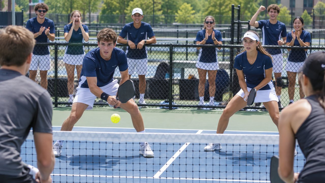 College pickleball players in matching shirts competing on an outdoor court while teammates cheer from behind the fence
