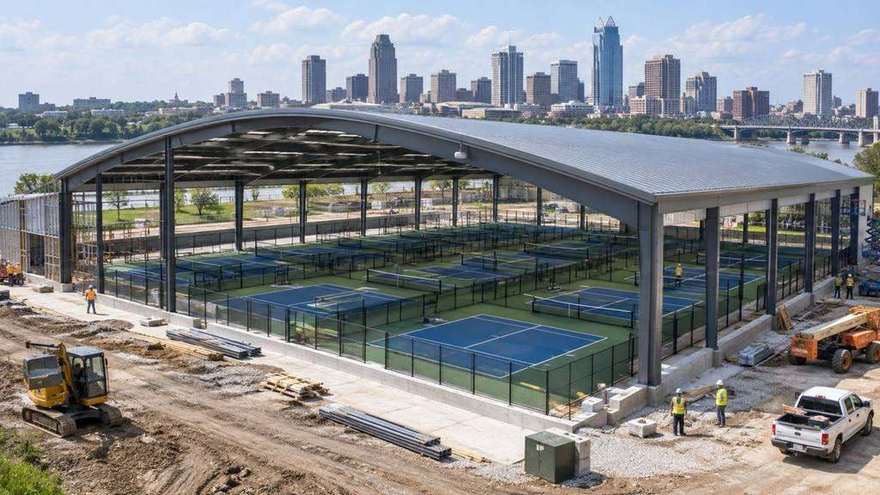 Illustrative image of a large covered pickleball court complex under construction beside a river and city skyline