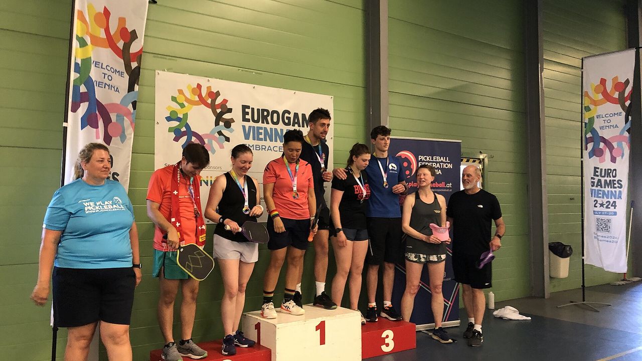 Pickleball medallists on the podium at EuroGames 2024 in Vienna