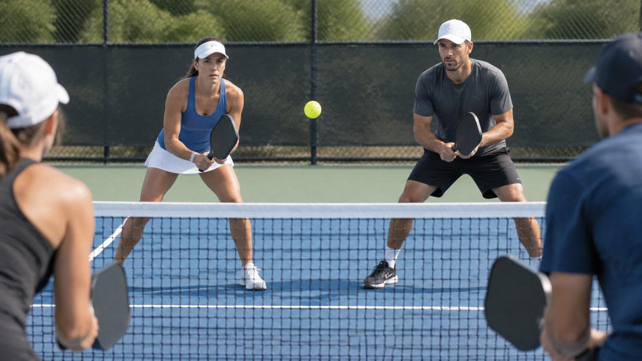 Doubles pickleball players at the kitchen line during a dink rally with paddles held up in front