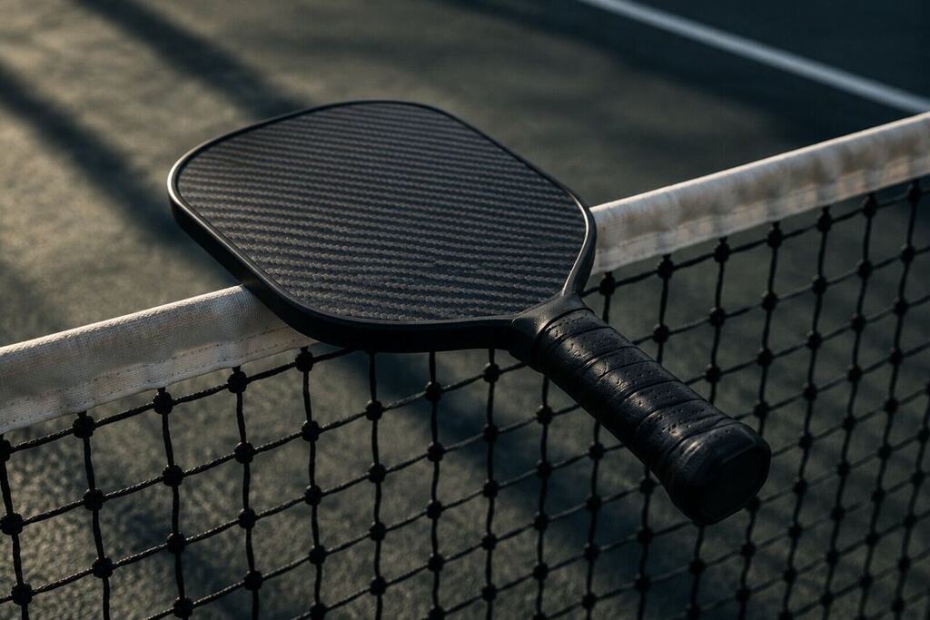 A pickleball paddle lying across a court net cord with dramatic side lighting, carbon texture visible