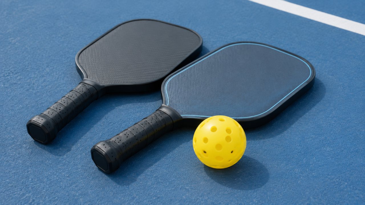 Two modern pickleball paddles and a yellow ball resting on a blue court