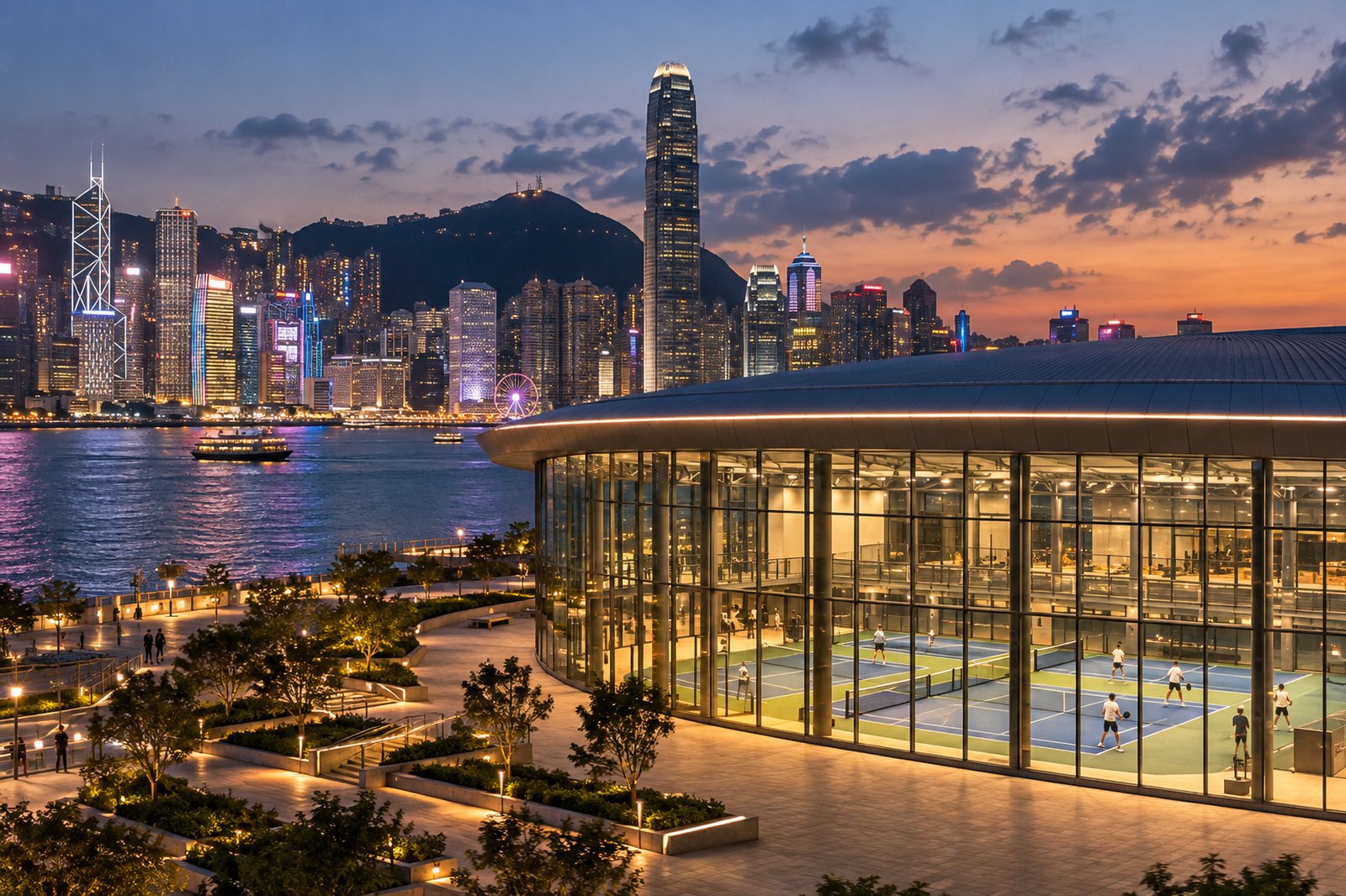 Modern indoor arena glowing at dusk with the Hong Kong skyline behind it and a pickleball court in the foreground
