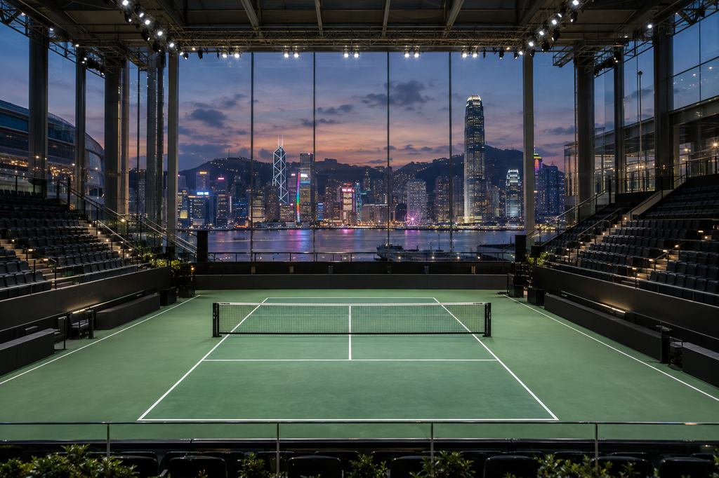 Pickleball court inside a modern arena with the Hong Kong skyline at dusk