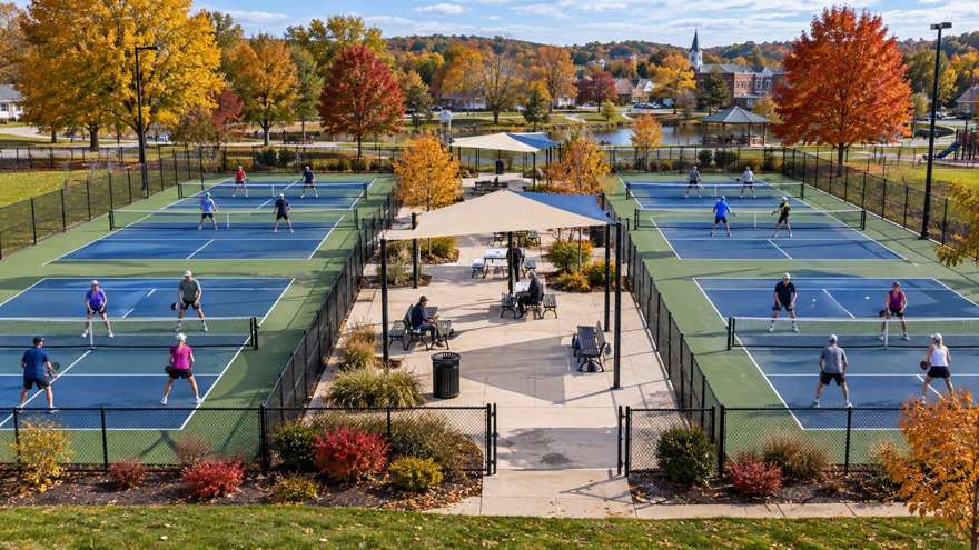 Illustrative image of an eight-court outdoor pickleball complex in a town park in autumn with a central shaded plaza