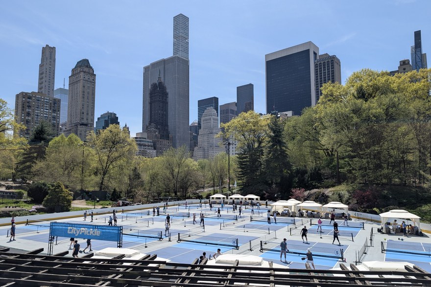Pickleball courts in use at Wollman Rink in New York's Central Park, a seasonal rental venue, April 2025