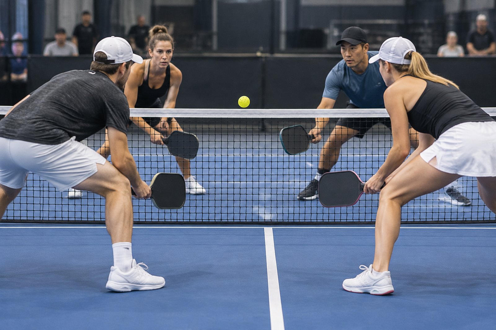 Four pickleball players locked in a dink rally at the kitchen line, all crouched low with paddles out