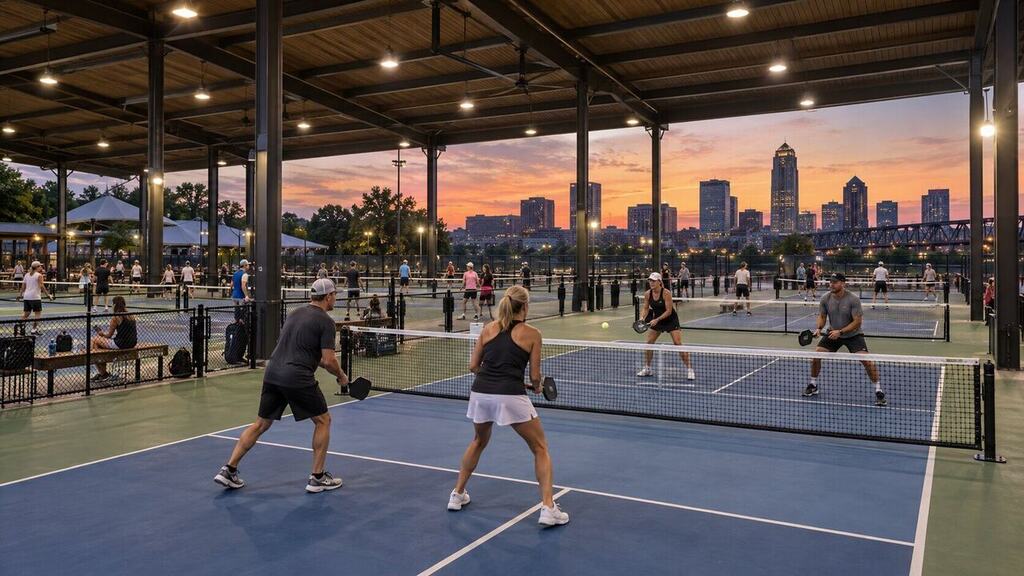 Covered outdoor pickleball complex with players on multiple courts at dusk
