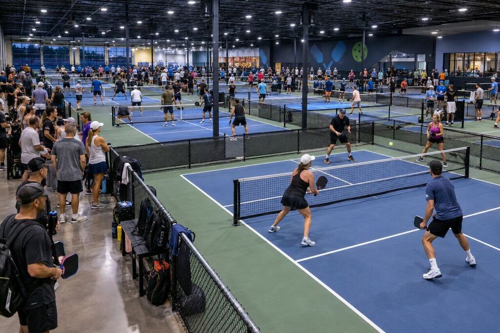 A busy indoor pickleball facility at peak hour with every court full and players waiting along the sidelines