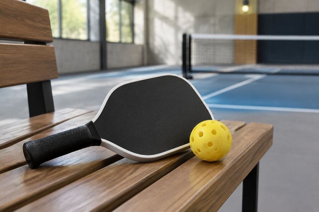 Close-up of a modern pickleball paddle with a foam core edge resting on a court bench next to a yellow ball