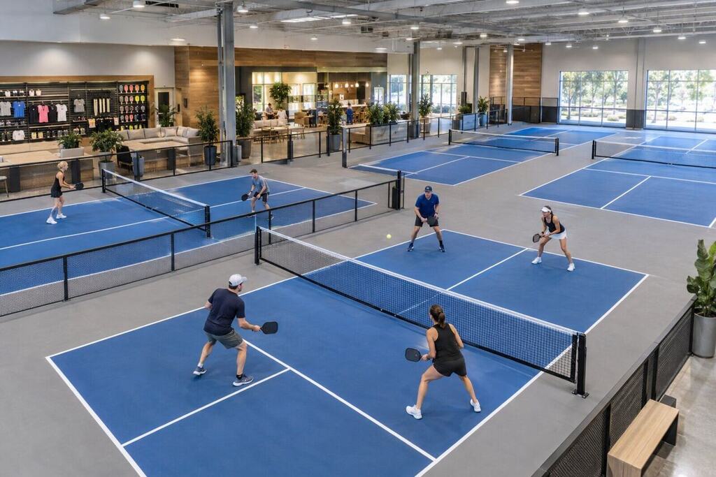 Modern indoor pickleball facility with multiple courts, players on court and a lounge area visible