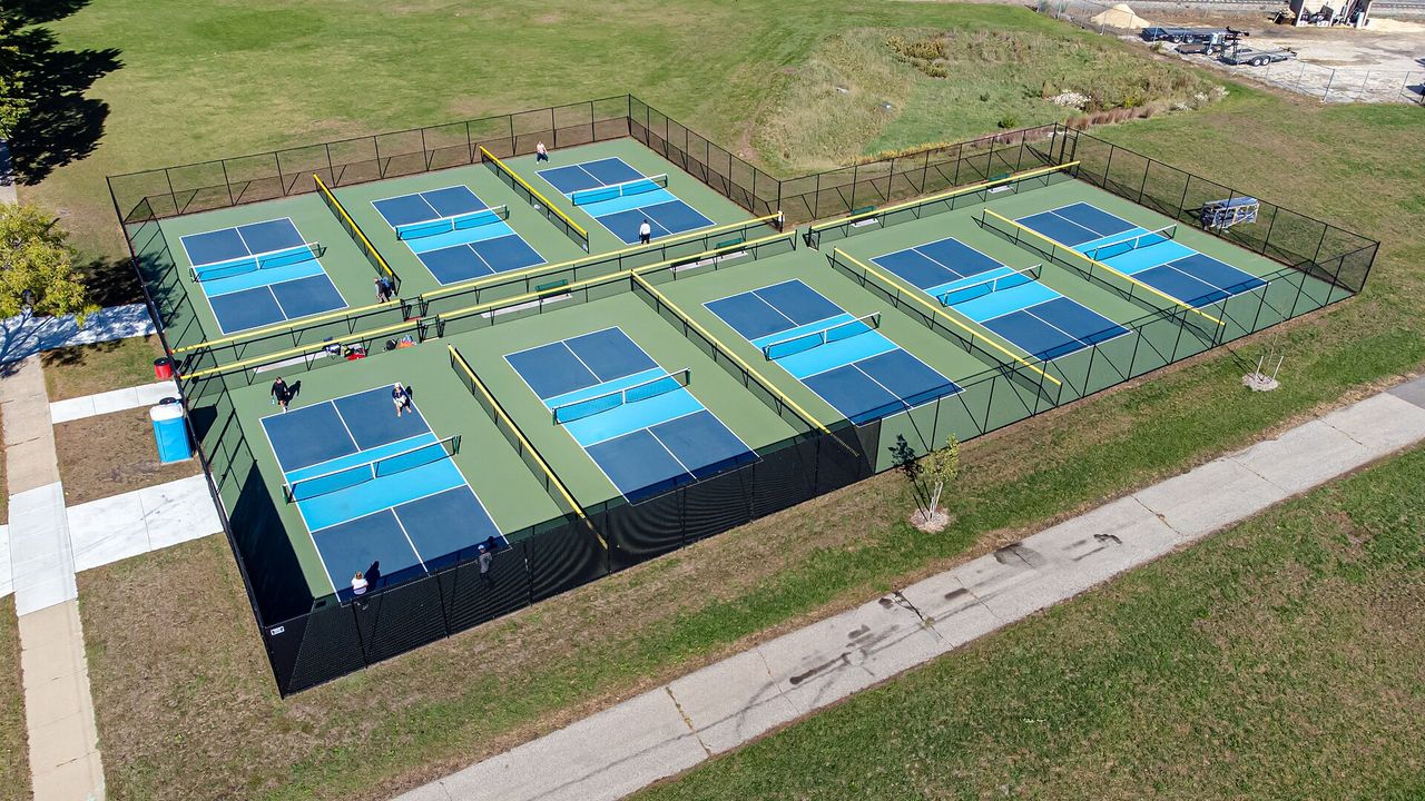 Aerial view of pickleball courts in La Crosse, Wisconsin