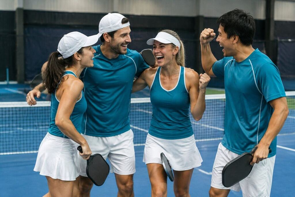 A team of pickleball players in matching uniforms celebrating a match win together on an indoor court in Australia