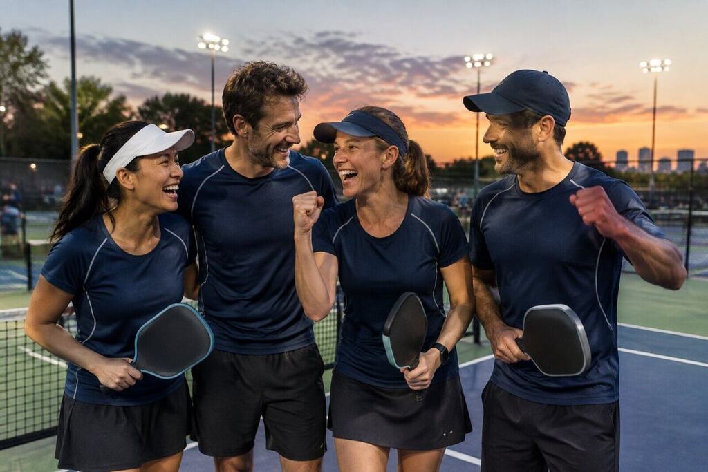 A team of pickleball players celebrating together on court under arena lights in Australia