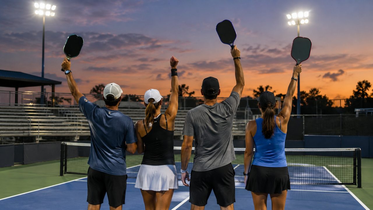 A pickleball team celebrating together on an outdoor stadium court at dusk under floodlights