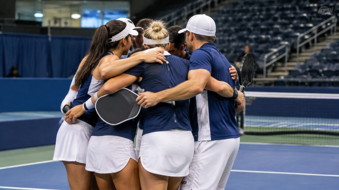 A pickleball team in navy jerseys huddled in celebration on an indoor arena court