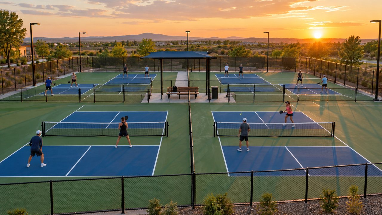 A new outdoor pickleball court complex at sunset with players on several blue and green courts