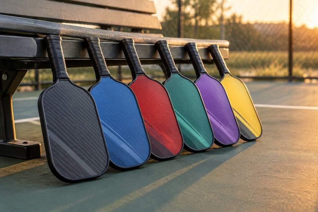 A lineup of six modern pickleball paddles with different colored faces arranged on a bench next to a court