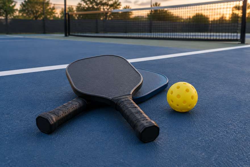 Illustrative image of two pickleball paddles and a ball on a blue court