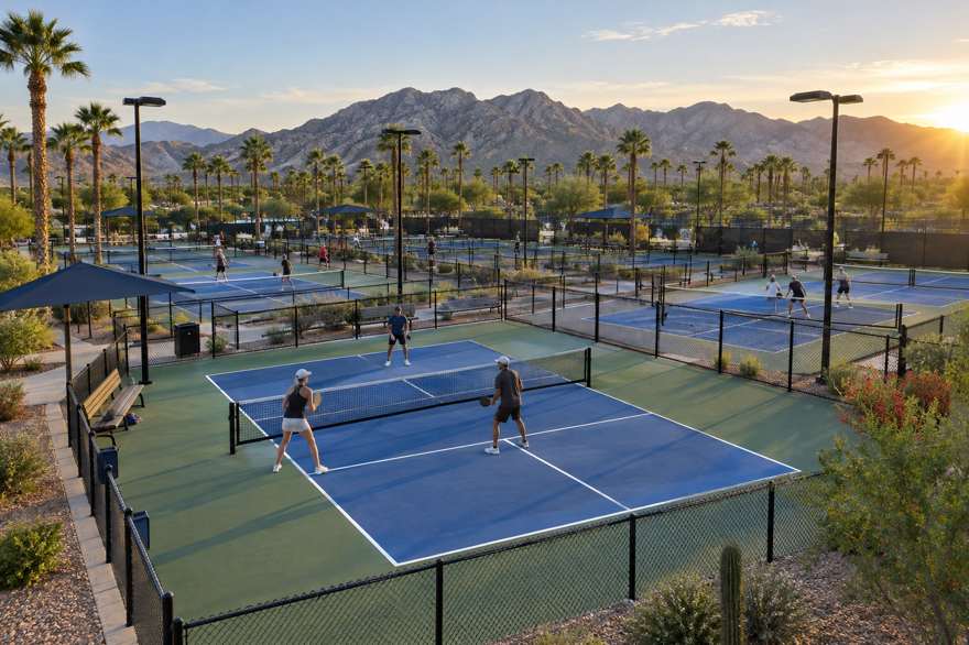 Illustrative image of a large outdoor pickleball complex in a desert park with palm trees