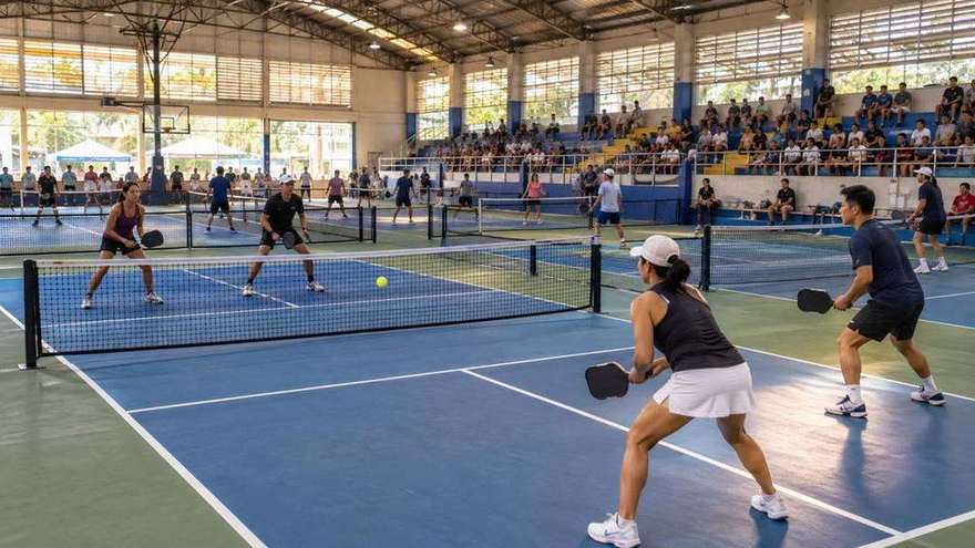 Illustrative image of a Philippine indoor sports hall with several pickleball courts in use and spectators in the stands