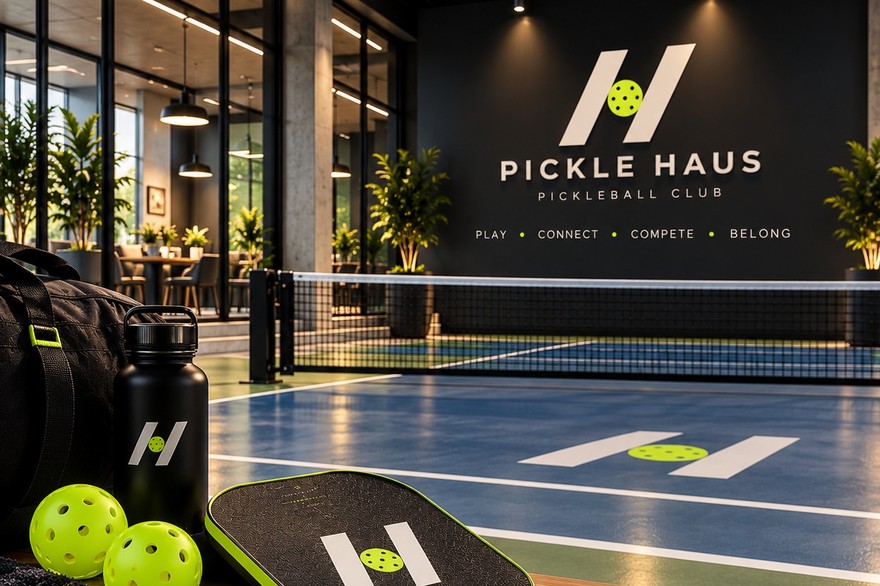 Pickle Haus brand concept image showing its logo on the wall of an indoor pickleball club