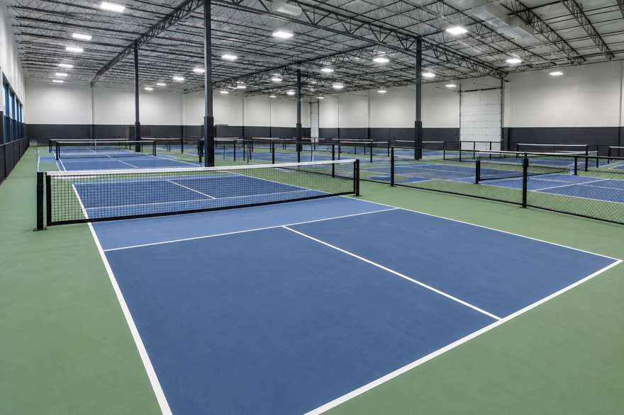 Illustrative image of an empty indoor pickleball facility with rows of courts