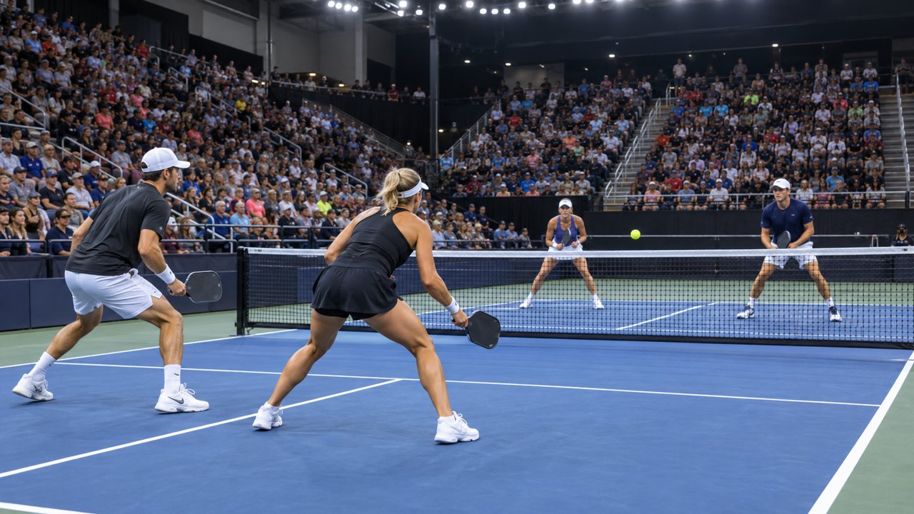 Two pickleball players in a doubles match on an indoor arena court with a crowd watching
