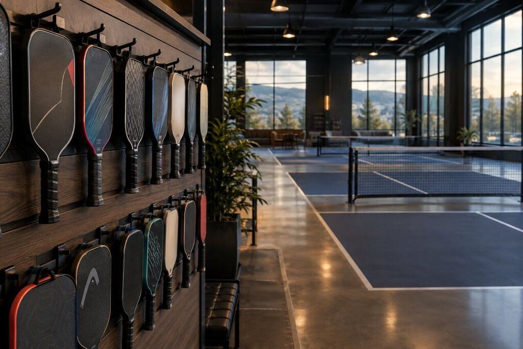 Rows of pickleball paddles hanging on a rack inside a modern indoor pickleball club, courts visible behind