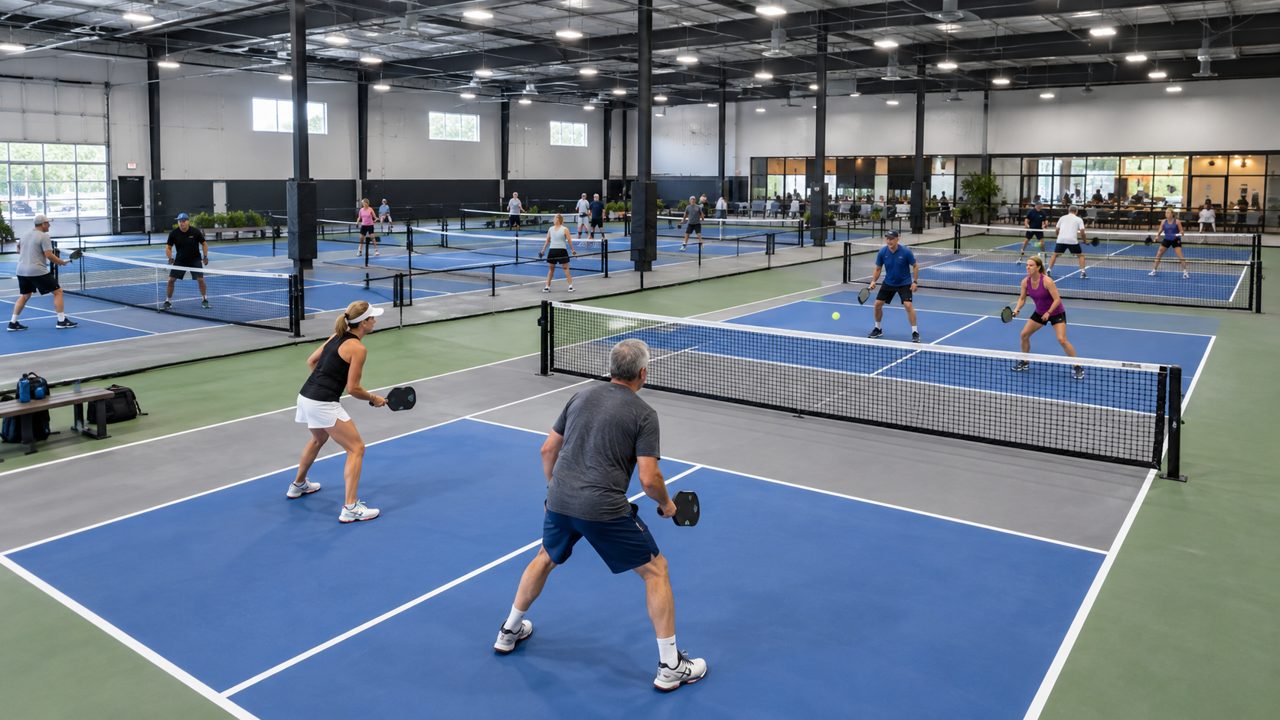 A modern indoor pickleball facility with several courts in use under bright lights