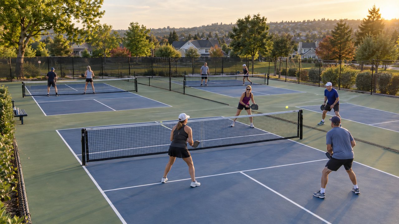 Four public outdoor pickleball courts in a suburban park with a few players and houses beyond the fence