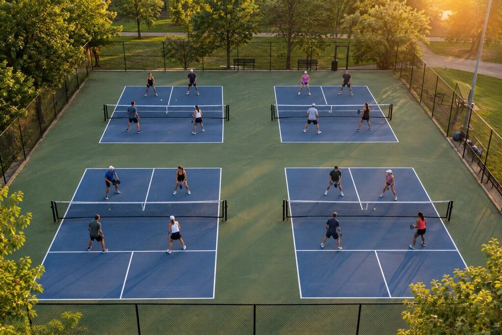 Aerial view of four pickleball courts striped onto a former tennis court at a public park, players on every court