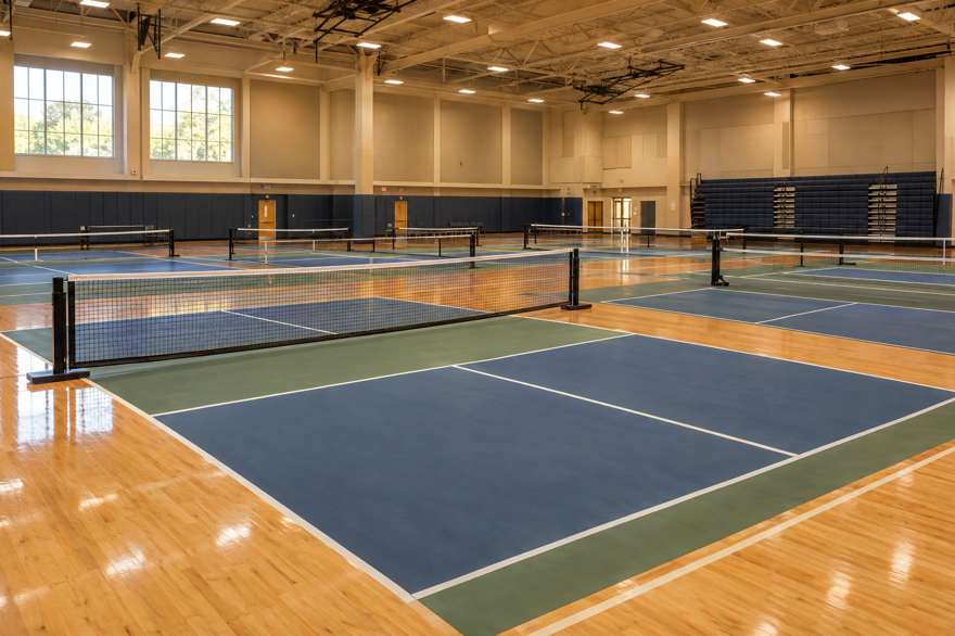 Illustrative image of an indoor gymnasium set up with pickleball courts