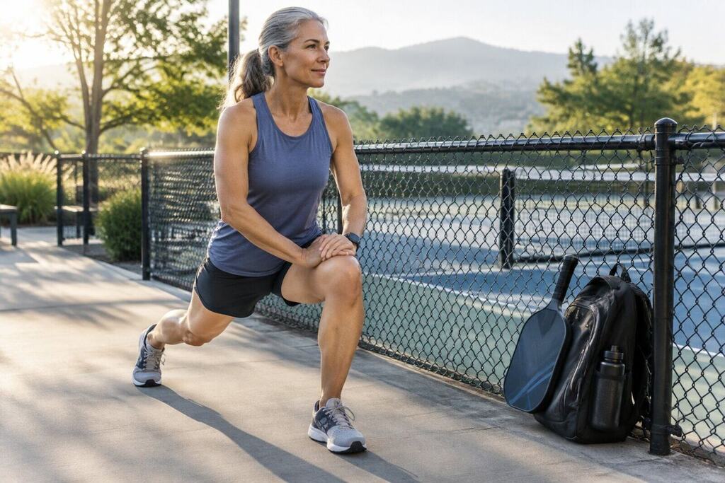 A pickleball player doing dynamic warm-up lunges beside a court before playing, paddle leaning on the fence