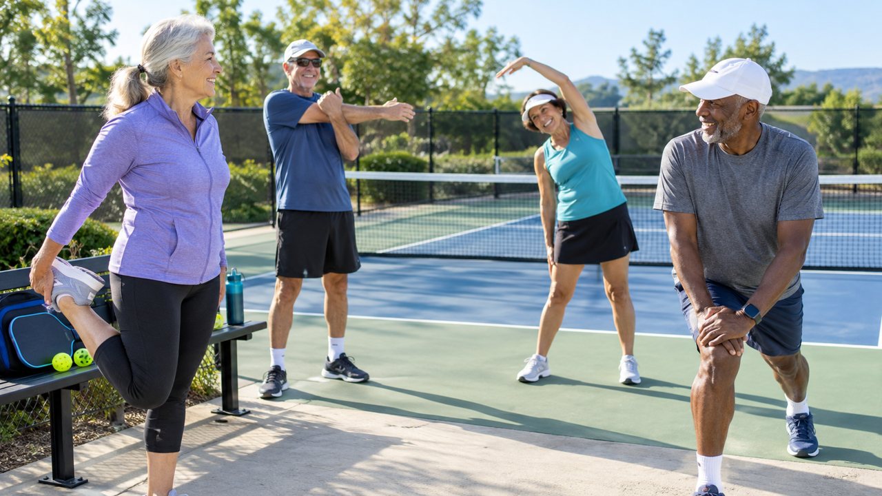 Older adults stretching and warming up beside a pickleball court on a sunny morning