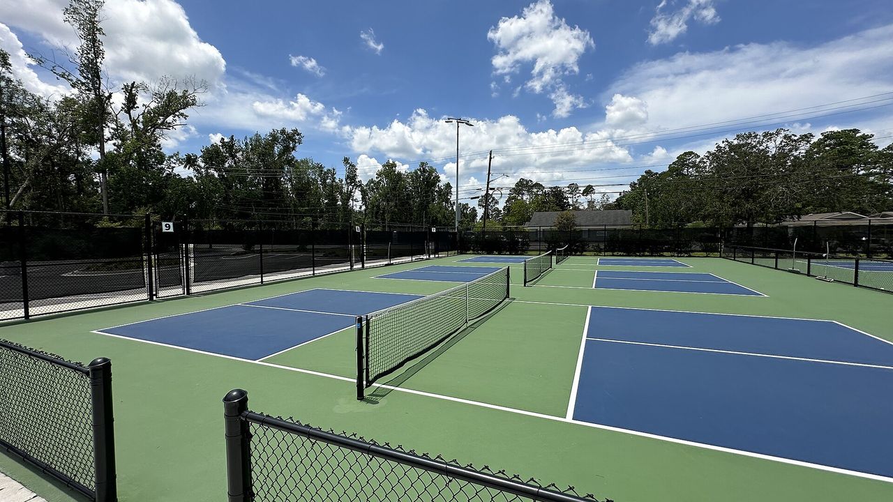 Outdoor pickleball courts with nets seen along the sideline