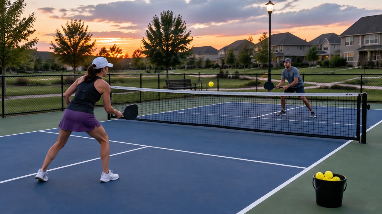 Two players on a pickleball court in a residential park at dusk with houses behind the fence