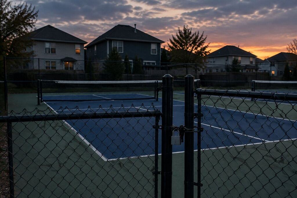 Empty outdoor pickleball courts at dusk with locked gates and houses visible close behind the fence