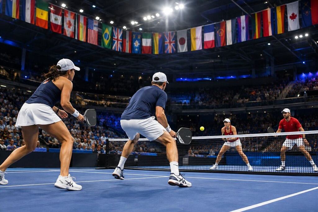 Pickleball players competing in a large arena with Olympic-style rings imagery and international flags in the background