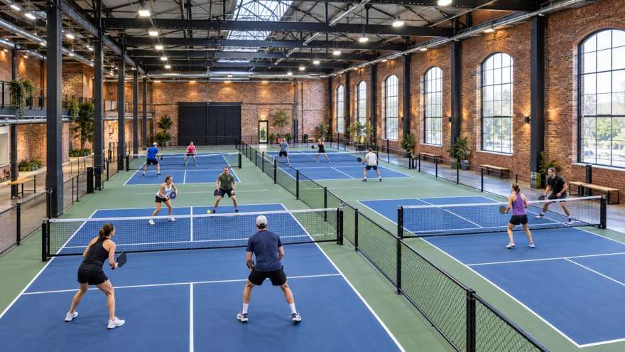 Illustrative image of a converted brick industrial hall with several indoor pickleball courts in use